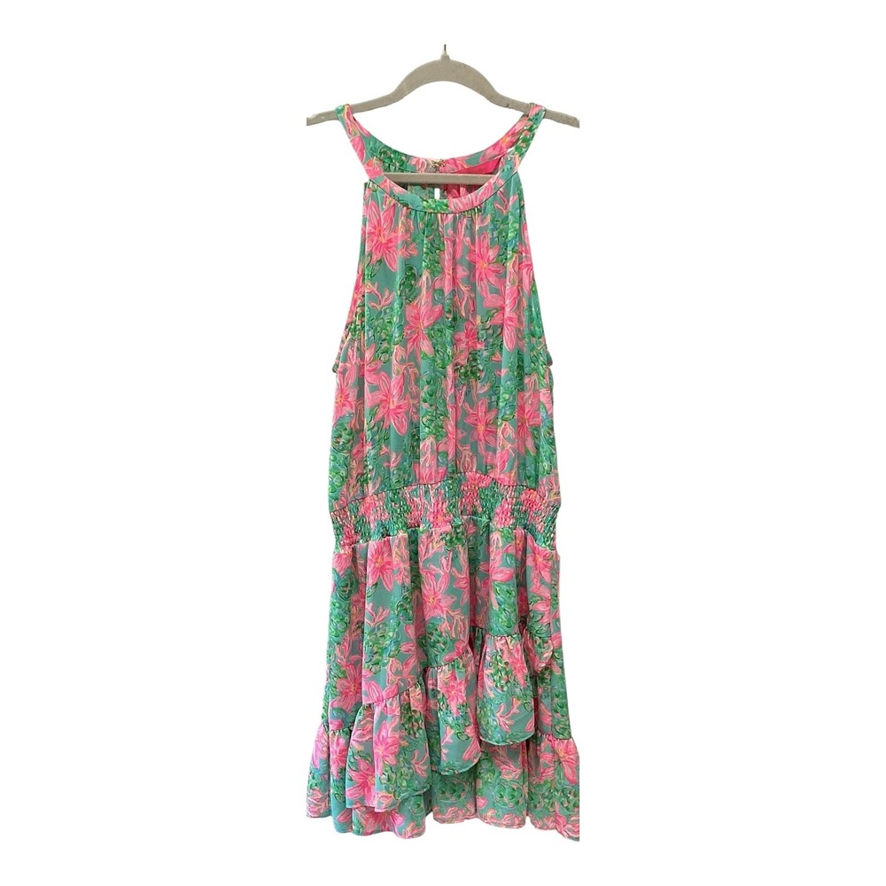 Lilly Pulitzer Pamelyn Dress Surf Blue So Shellegant Floral Smocked Tiered 16